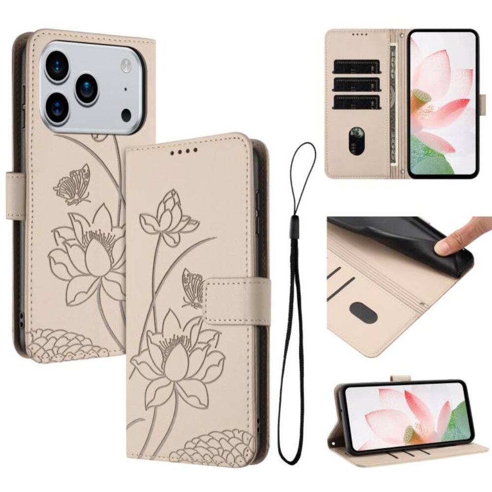 For iPhone 17 Pro Max Lotus Embossed Leather Phone Case with Lanyard(Beige)